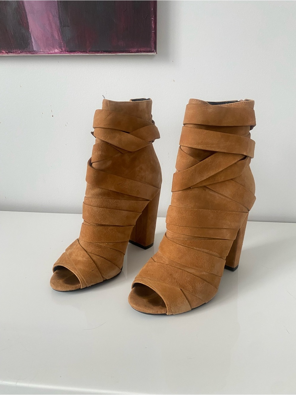 Aldo Tan Suede Wrap Peep-Toe Block Heel Booties